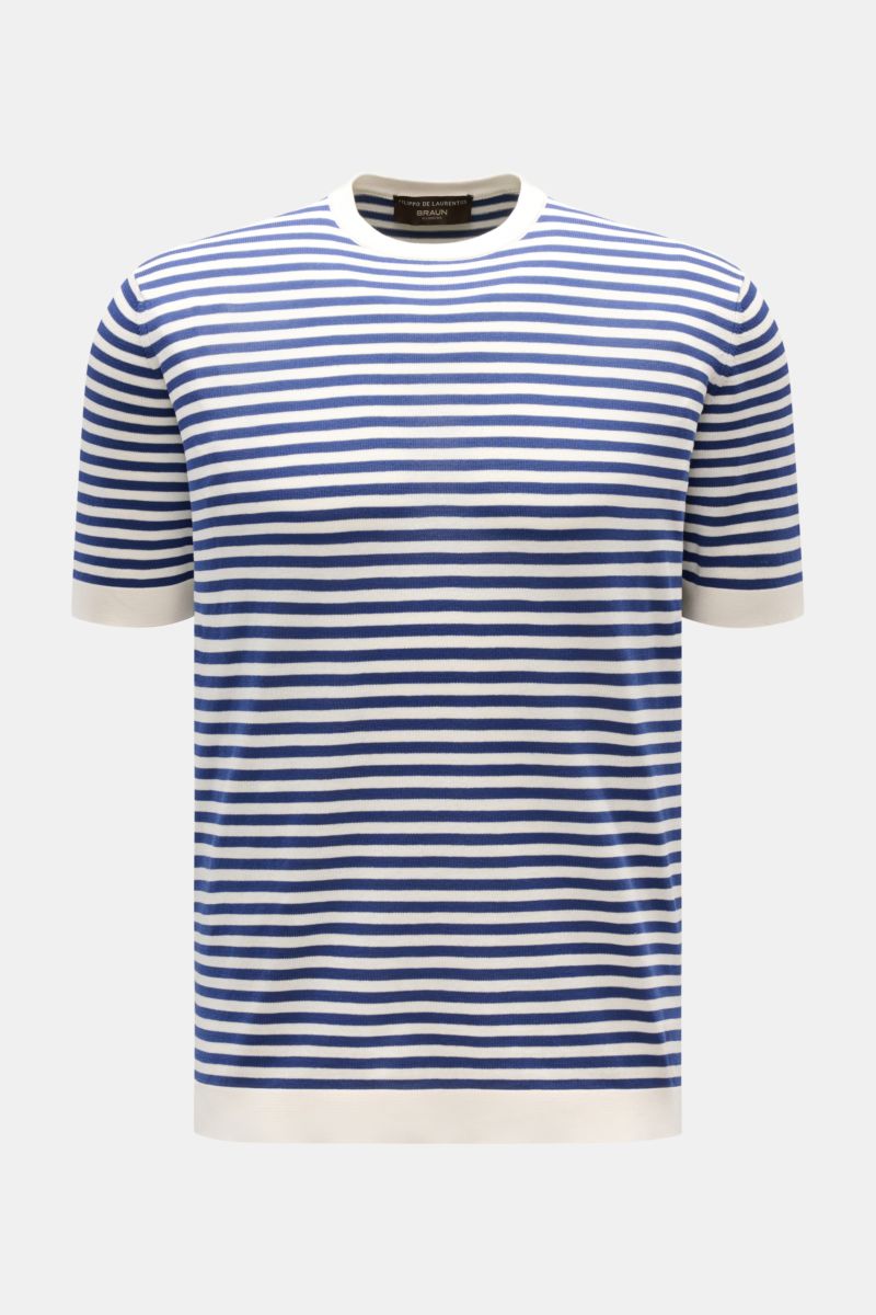 Filippo de Laurentiis Feinstrick-Kurzarmpullover offwhite/dunkelblau gestreift, Slim Fit, Rundhals, kurze Ärmel, weiche Baumwolle, frontale Nahaufnahme.