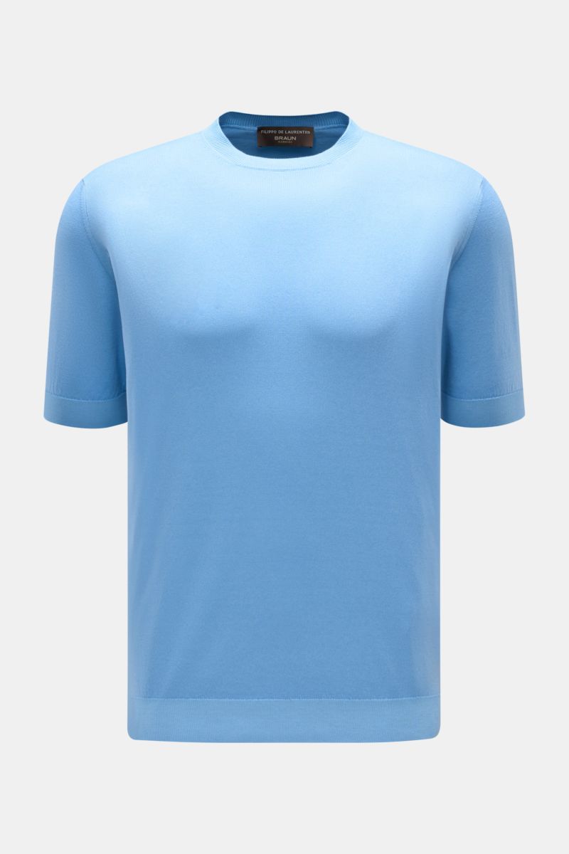 Filippo de Laurentiis Kurzarmpullover hellblau, frontale Ansicht, Slim Fit, reine Baumwolle, weicher Griff, Rundhalsausschnitt, Rippbündchen