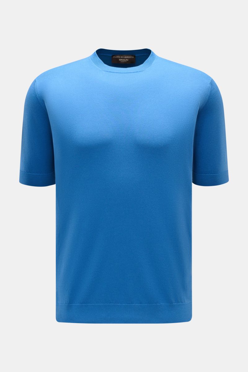 Filippo de Laurentiis Kurzarmpullover blau, frontal fotografiert, Slim Fit, reine Baumwolle, weicher Griff, Rundhalsausschnitt, Rippbündchen.