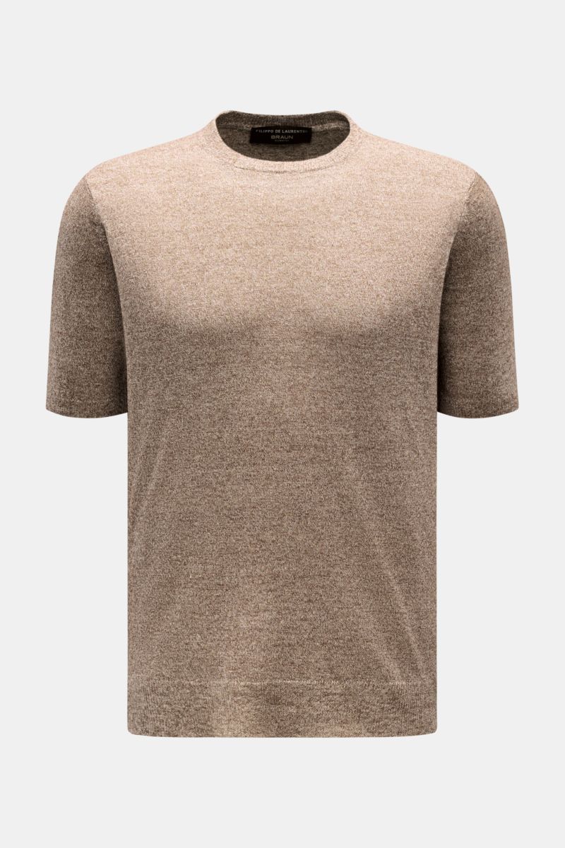 Filippo de Laurentiis Feinstrick-Kurzarmpullover braun meliert, Slim Fit, Rundhalsausschnitt, aus Leinen-Baumwollmix, frontal fotografiert.