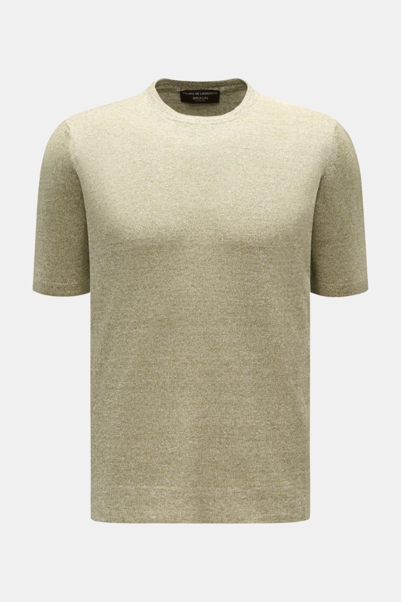 Filippo de Laurentiis Feinstrick-Kurzarmpullover oliv meliert, Slim Fit, Rundhalsausschnitt, Rippbündchen, aus Leinen-Baumwolle, frontale Nahaufnahme.