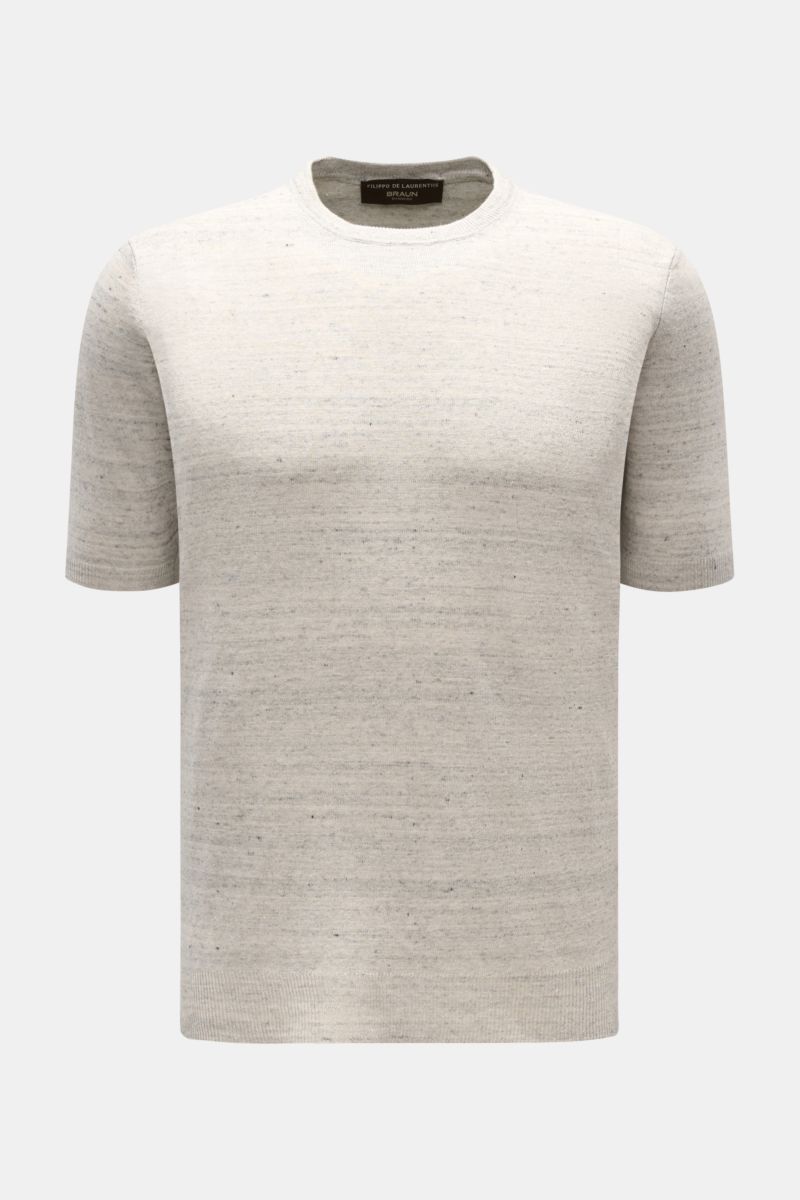 Filippo de Laurentiis Feinstrick-Kurzarmpullover hellgrau meliert, Slim Fit, Rundhalsausschnitt, Rippbündchen, Frontansicht, Leinen-Baumwoll-Mix, feines Strickbild.