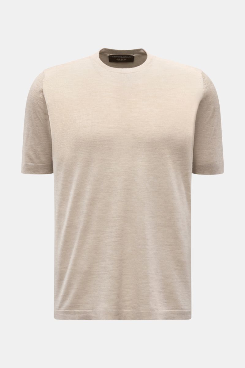 Filippo de Laurentiis Feinstrick-Kurzarmpullover beige meliert, Frontansicht, Cashmere-Seide-Mix, weicher Griff, Regular Fit, Rundhals, feines Strickbild.