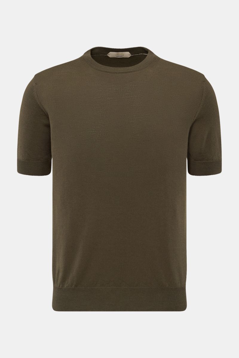 Aurélien Merino Kurzarmpullover oliv frontal fotografiert, Slim Fit, Strick aus Merinowolle, weicher Griff, Rundhalsausschnitt, Rippbündchen.