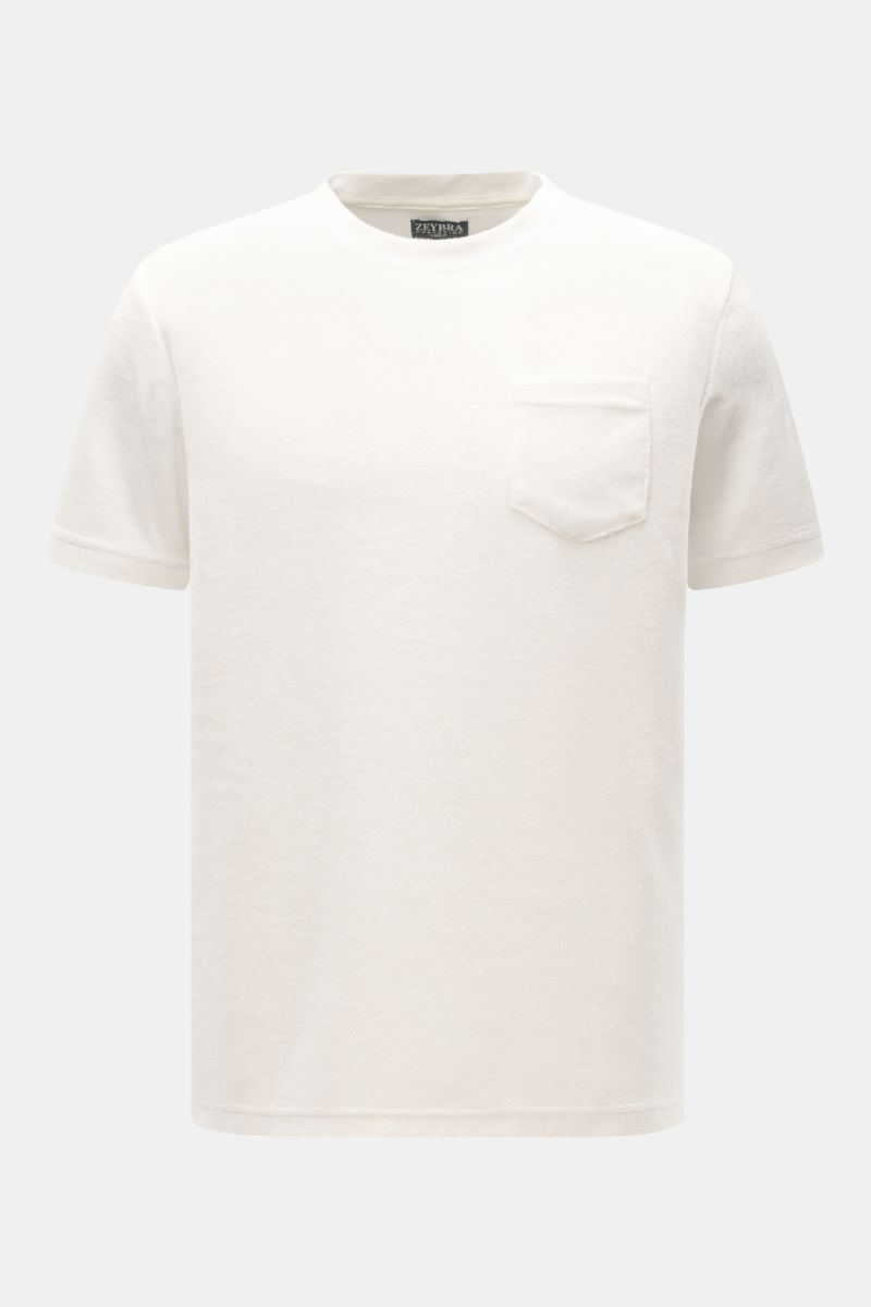 Zeybra Portofino 1962 Frottee Rundhals-T-Shirt 'Spugna' offwhite, frontale Nahaufnahme, weicher Griff, Brusttasche, Regular Fit, leichte Struktur.