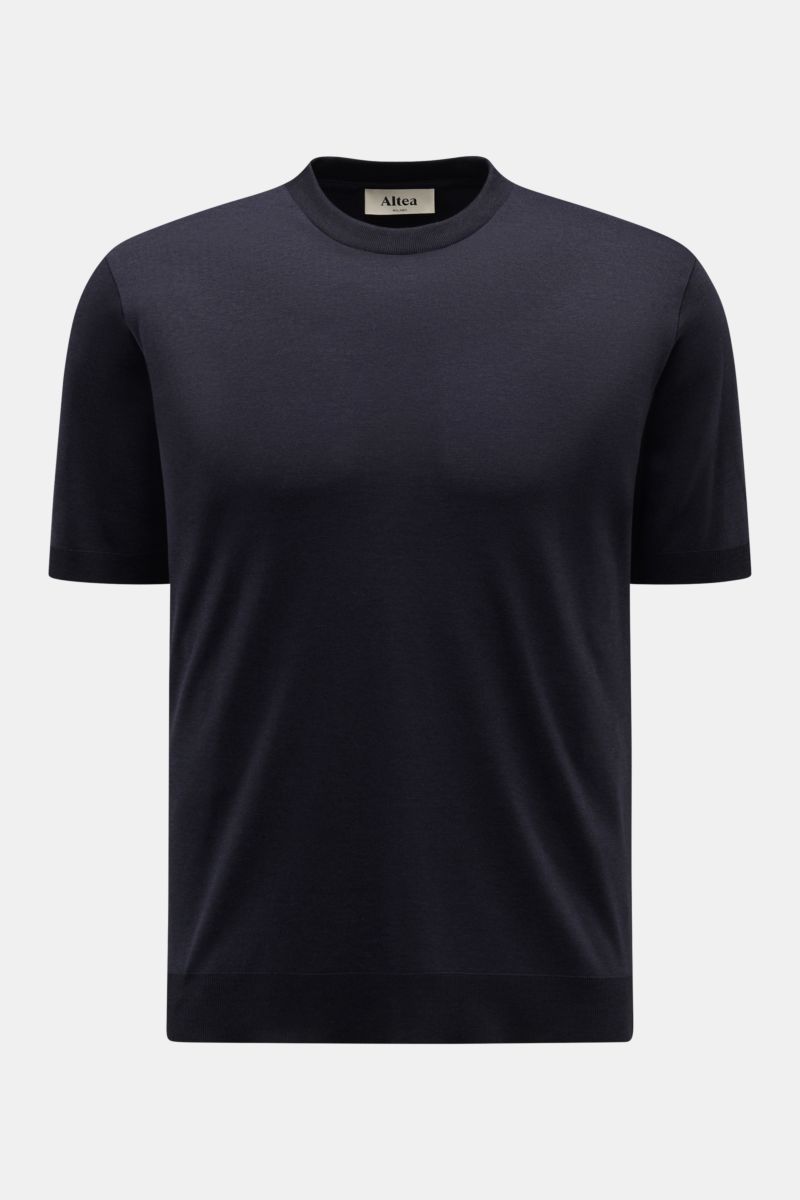 Altea Kurzarmpullover 'Cecil' navy, Vorderansicht, Slim Fit, feiner Lyocell-Baumwoll-Mix, elastische Rippbündchen, kurze Saumschlitze, weicher Griff.