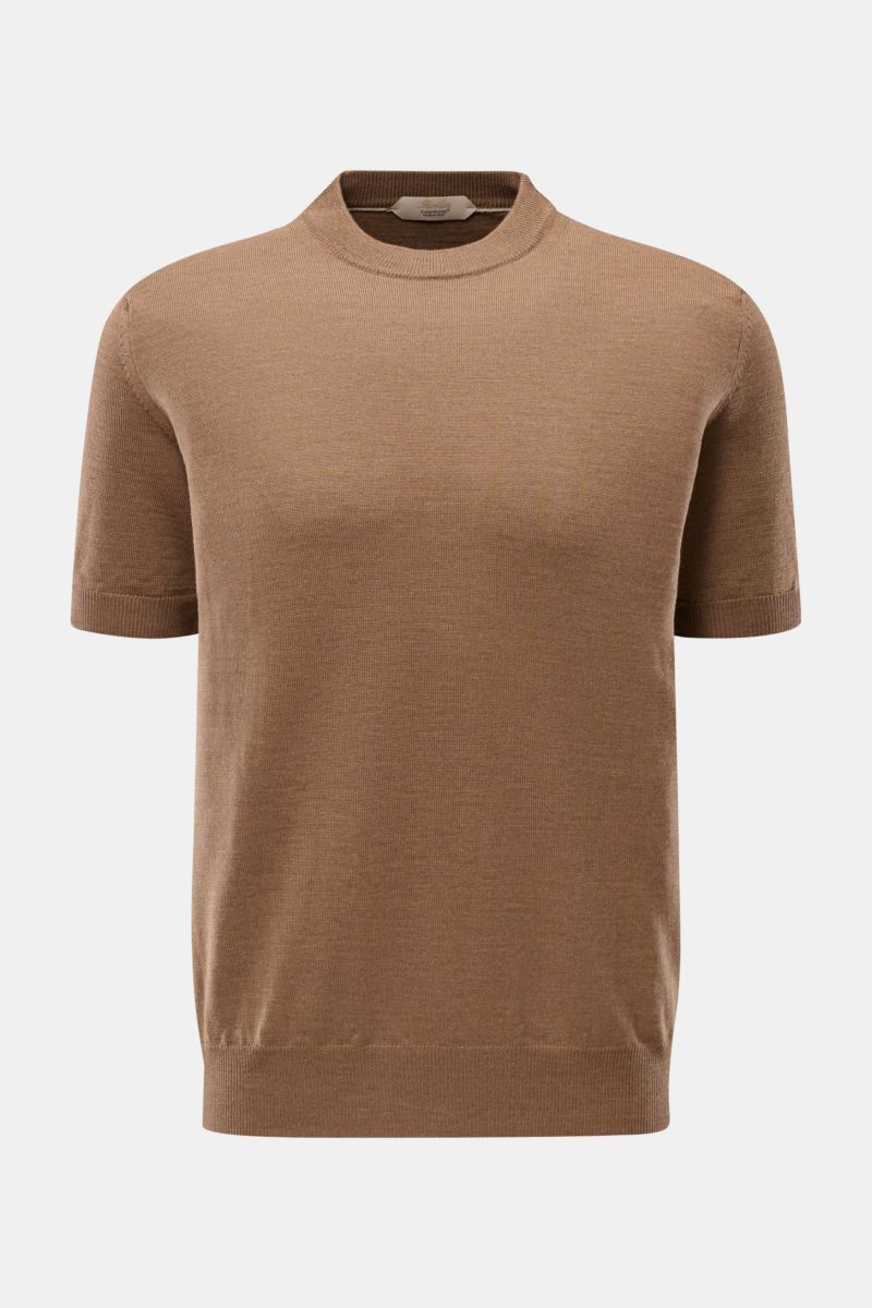 Front view of Aurélien Short sleeve jumper 'Cashwool' brown mottled, a spring essential in pure merino wool with a slim fit, crew neck, soft feel, fine knit, ribbed bands, and metal label on hem.
