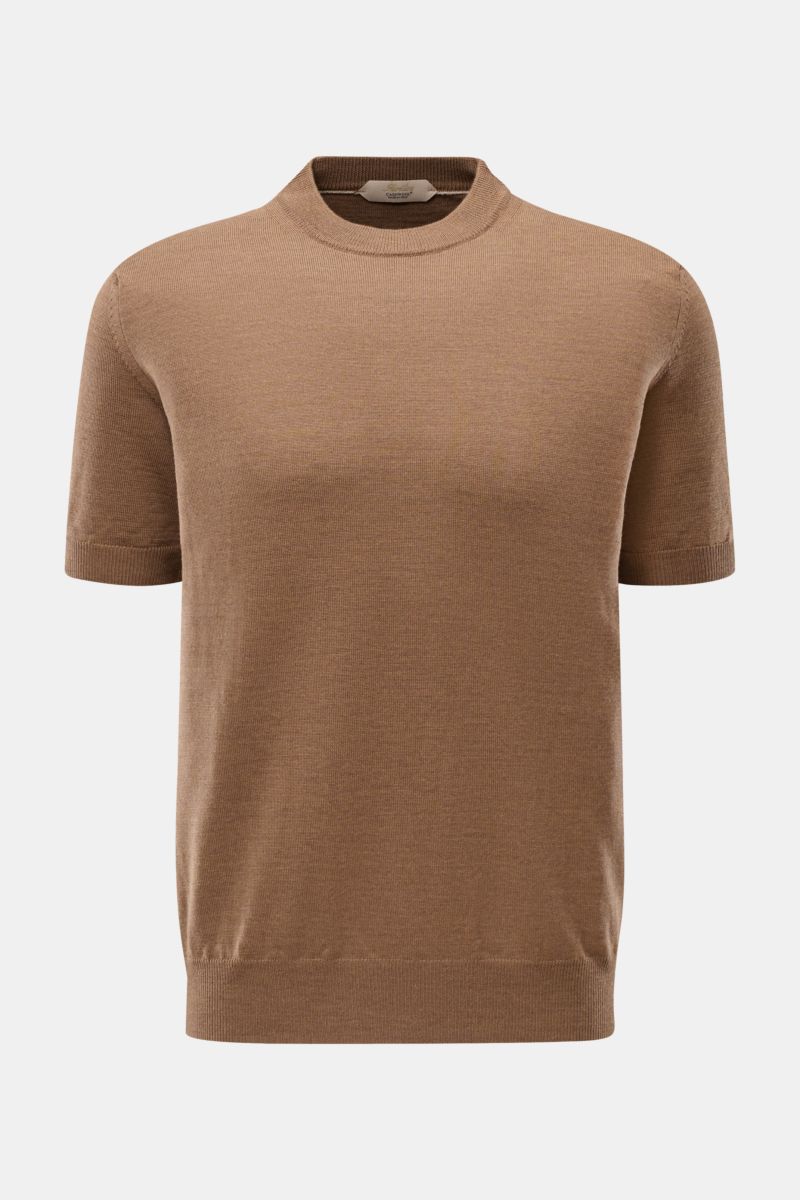 Aurélien Kurzarmpullover 'Cashwool' braun meliert, Slim Fit, Rundhalsausschnitt, weicher Griff, feines Strickbild, von vorne fotografiert.