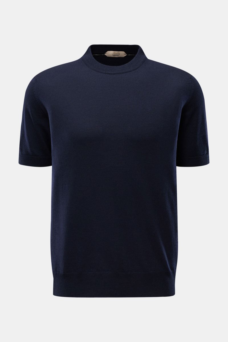 Aurélien Short sleeve jumper 'Cashwool' navy shown front view, made of pure merino wool with crew neck, slim fit, soft fine knit, ribbed bands, and metal label on hem. A spring essential combining a fine feel with a timeless silhouette.
