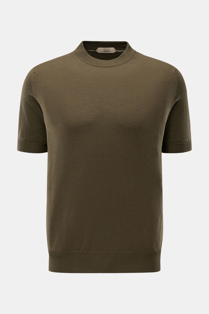 Front view of Aurélien Short sleeve jumper 'Cashwool' dark olive, a slim fit, pure merino wool spring essential with crew neck, soft fine knit, ribbed bands, and metal label on hem.