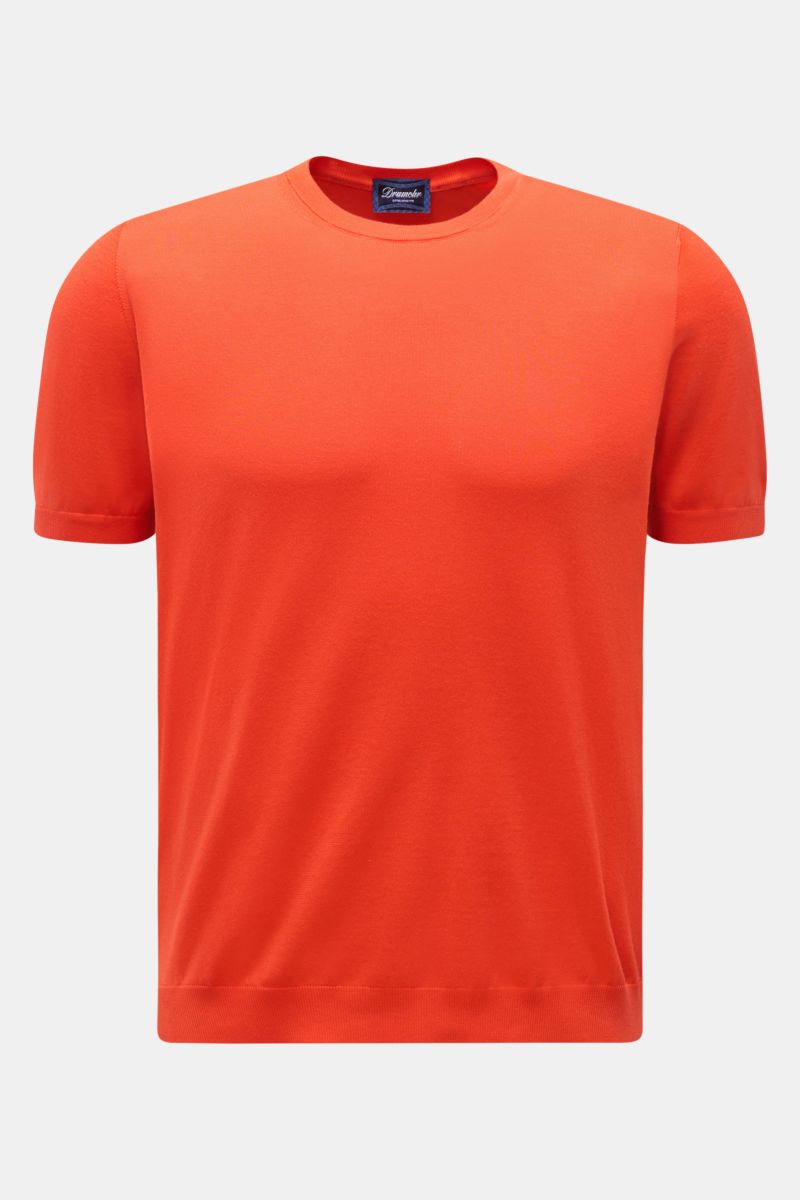 Drumohr Kurzarmpullover rot, frontal aus Italien, feiner Baumwoll-Feinstrick, weicher Griff, Slim Fit, elastische Rippbündchen, feines Strickbild.