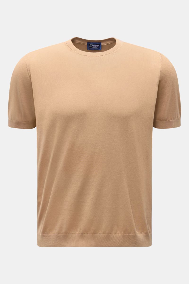Drumohr Kurzarmpullover hellbraun, Slim Fit, aus feiner Baumwolle, weicher Griff, elastische Rippbündchen, Frontalansicht, Italien gefertigt.