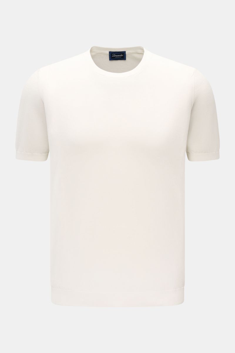Front view of Drumohr Short sleeve jumper off-white, a slim fit Italian-made short sleeve jumper in soft pure cotton with elasticated ribbed bands. 

Description: 
A fine essential from label DRUMOHR: This Italian-made short sleeve jumper is made of co