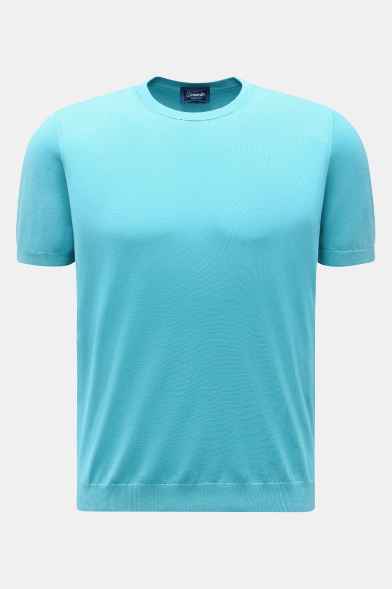 Drumohr Kurzarmpullover blau, feiner Slim Fit Kurzarm aus weicher Baumwolle, elastische Rippbündchen, sehr feines Strickbild, Frontansicht.