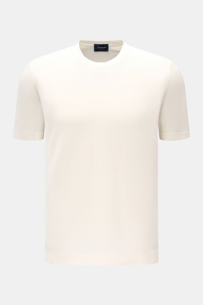 Front view of Drumohr T-shirt off-white, a fine knit cotton crew neck with regular fit and very soft feel, an elegant basic for comfort.

Description: A basic with maximum comfort: This elegant T-shirt by DRUMOHR made of cotton in a comfortable fine kn