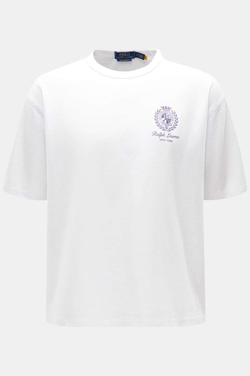 Polo Ralph Lauren Rundhals-T-Shirt weiß, Frontansicht, Regular Fit, reine Baumwolle, schwere Qualität, Logo-Print auf der Brust, Rundhalsausschnitt.
