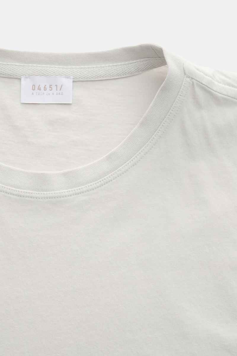 Nahaufnahme von 04651/ A trip in a bag Rundhals-T-Shirt hellgrau, Jersey aus reiner Baumwolle, weicher Griff, Regular Fit, Rundhalsausschnitt, kleines Weblabel.