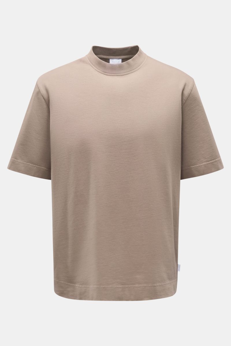 04651/ A trip in a bag Rundhals-T-Shirt taupe, robustes Basic aus schwerem Baumwoll-Jersey, Regular Fit, Rundhalsausschnitt, kleines Weblabel, Frontansicht.