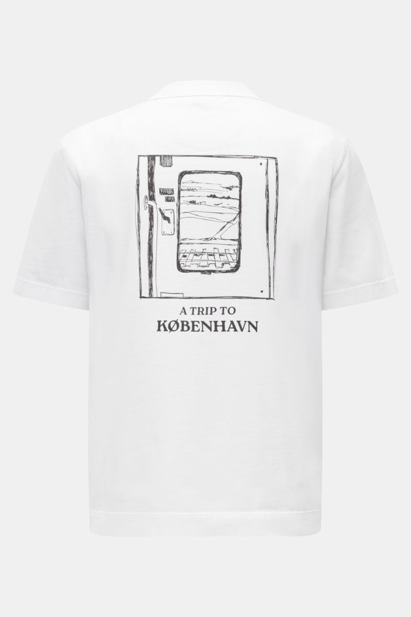 Back view of the 04651/ A trip in a bag T-shirt 'Nunu' white showing a Copenhagen-inspired black print with 'A TRIP TO KØBENHAVN' text, crew neck, regular fit, pure cotton, soft feel.