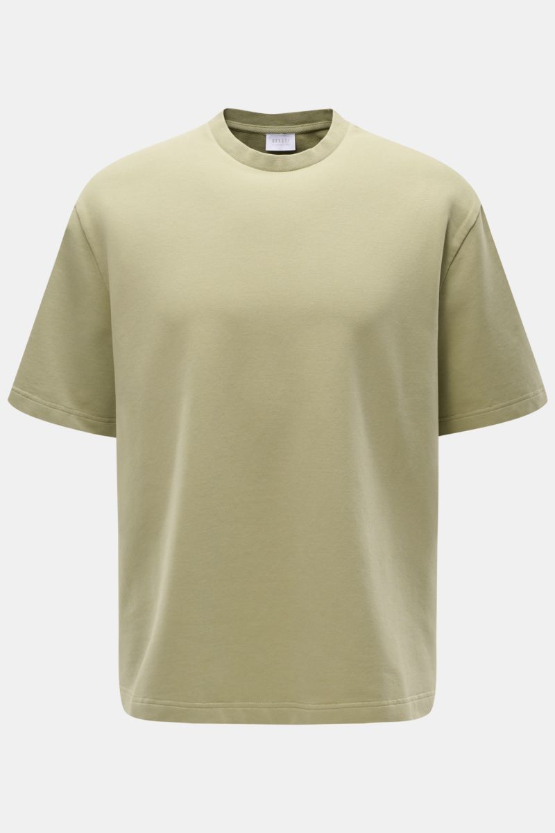 04651/ A trip in a bag Crew neck T-shirt 'If Tee' sage shown from front, oversized fit, elasticated cotton jersey, very soft, heavy fabric.