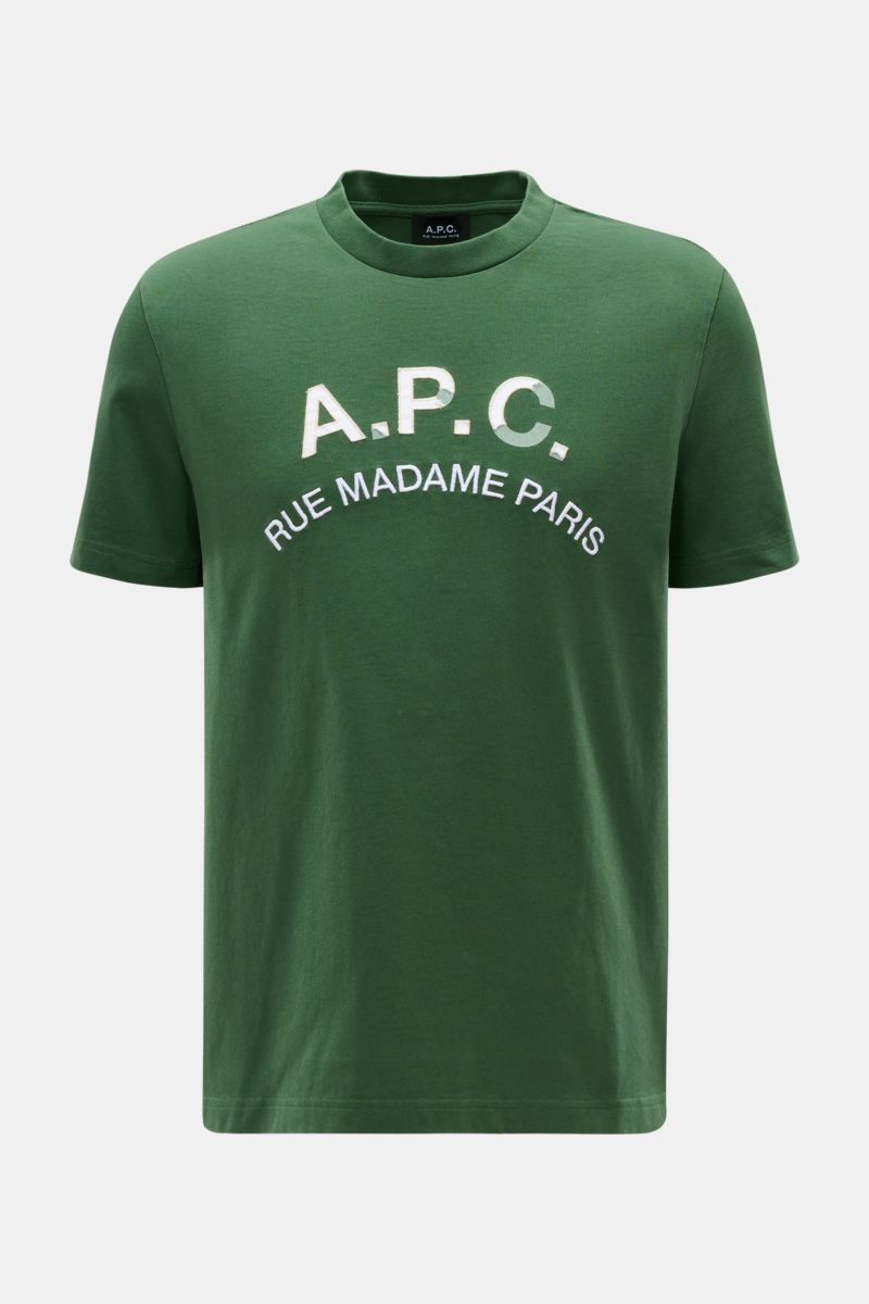 Front view of A.P.C. Rundhals-T-Shirt dunkelgrün, made of soft pure cotton jersey with a regular fit and round neckline, featuring vintage-style A.P.C. logo stitching on the chest.

Description: Legere Sommerlooks von A.P.C.: Aus weichem Baumwoll-Jerse