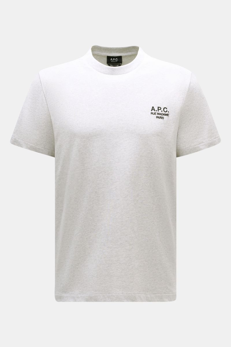 A.P.C. Rundhals-T-Shirt 'Standard Rue Madame' hellgrau meliert, frontale Nahaufnahme, Baumwoll-Jersey, Regular Fit, Logo-Stickerei Brust
