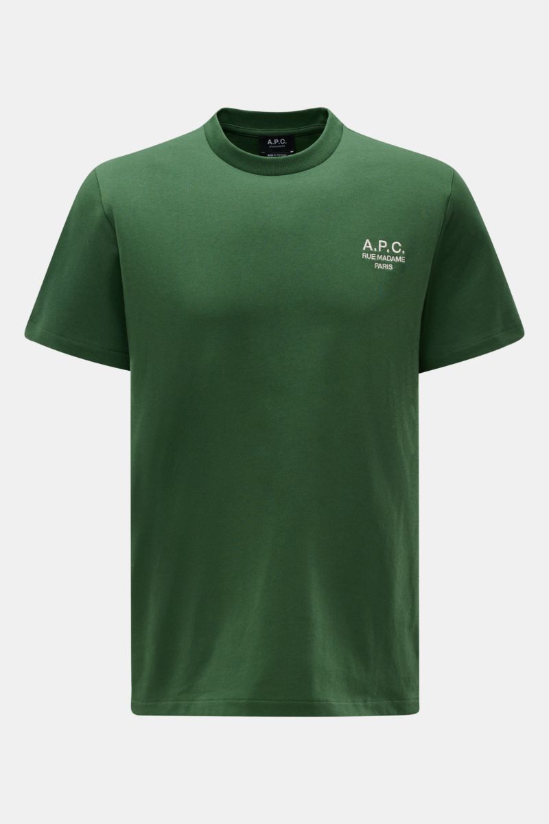 A front view of the green A.P.C. Rundhals-T-Shirt 'Standard Rue Madame' made of soft pure cotton jersey with regular fit, round neckline, and discreet A.P.C. logo stitching on the chest. Clean, cool, A.P.C. – das T-Shirt 'Standard Rue Madame' bringt fr
