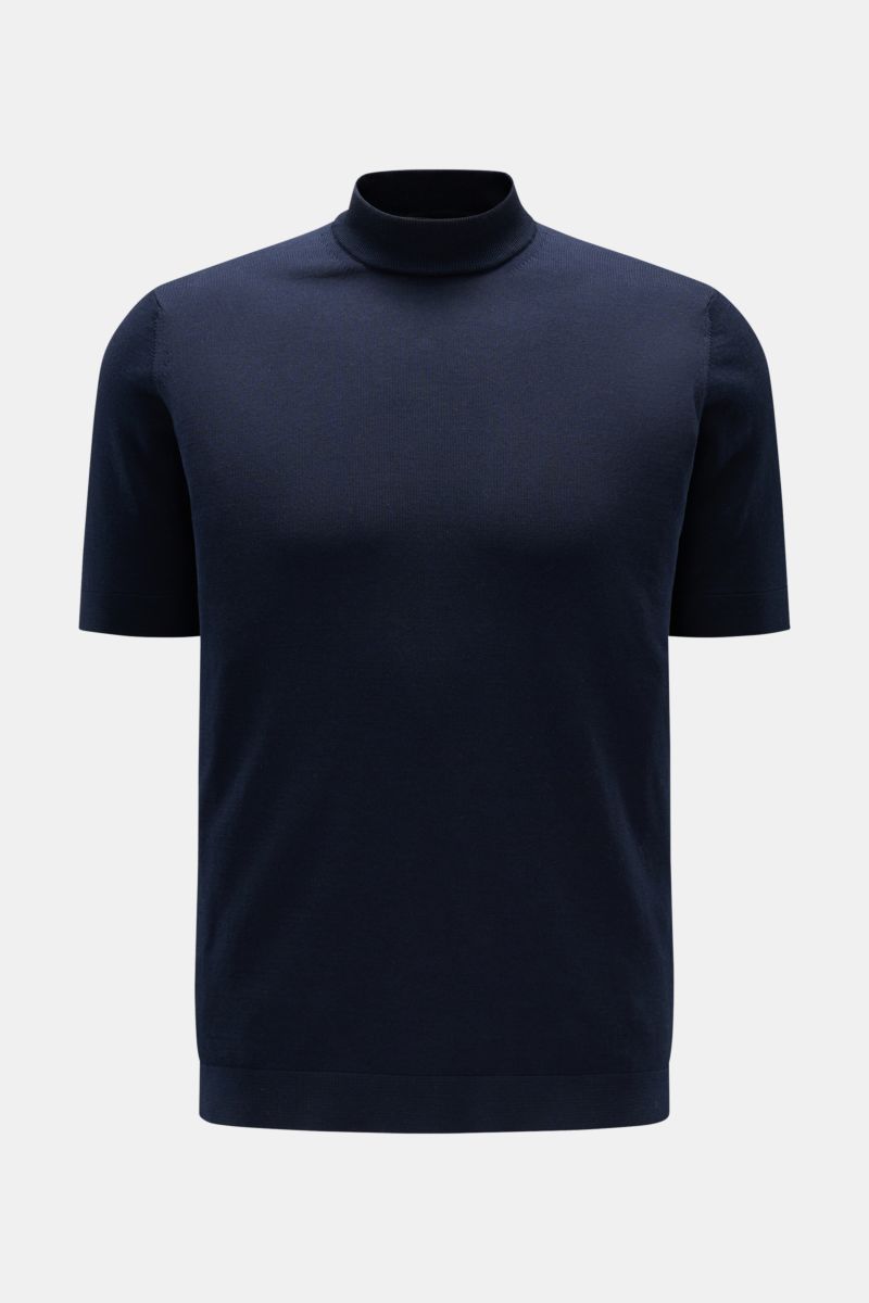 Filippo de Laurentiis Kurzarmpullover navy, Slim Fit, Stehkragen, reine Baumwolle, weicher Griff, feines Strickbild, frontal fotografiert.