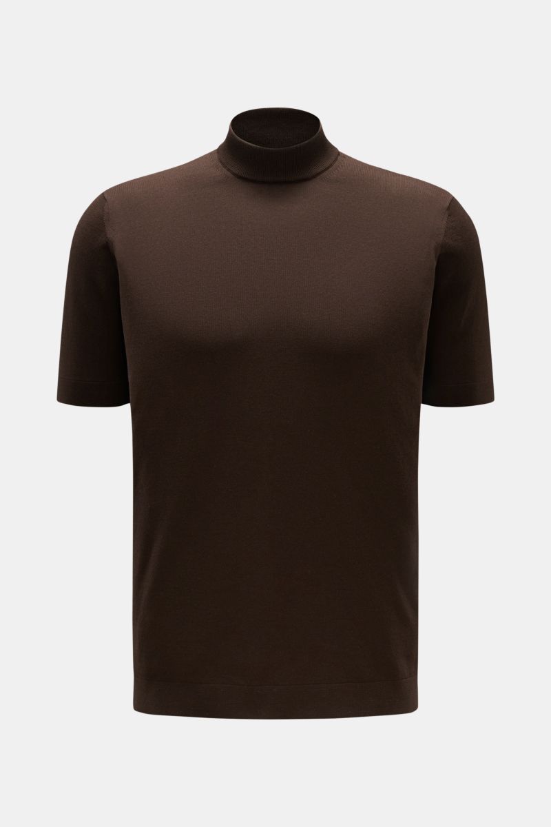 Filippo de Laurentiis Kurzarmpullover dunkelbraun, frontale Aufnahme, Slim Fit, Stehkragen, weiche reine Baumwolle, feines Strickbild.