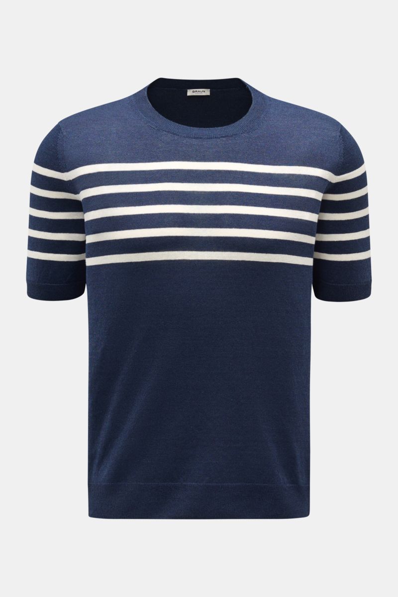 Gran Sasso Kurzarmpullover navy/offwhite gestreift, frontale Ansicht, Leinen-Baumwoll-Mix, weicher Griff, Rundhalsausschnitt, flexible Rippbündchen, maritimes Streifenmuster.