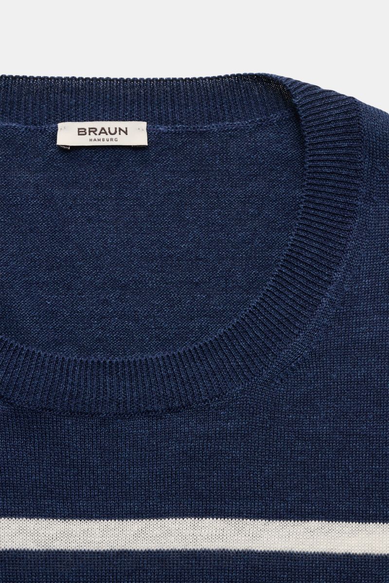 Gran Sasso Kurzarmpullover navy/offwhite gestreift, Front nah, Leinen-Baumwoll-Mix, weicher Griff, Rundhalsausschnitt, feines Strickbild, Rippbündchen.