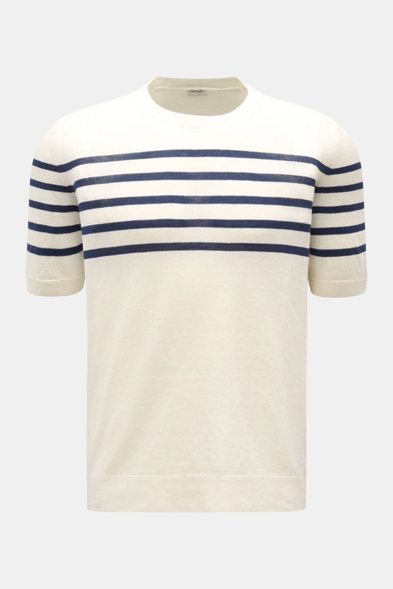 Gran Sasso Kurzarmpullover offwhite/navy gestreift, Frontansicht, Leinen-Baumwoll-Mix, weicher Griff, Streifenmuster auf Brust, Rundhals, Rippbündchen, Regular Fit