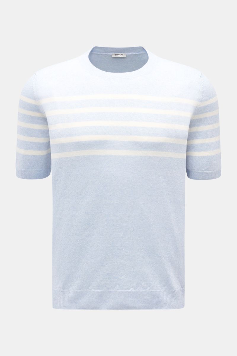 Gran Sasso Kurzarmpullover hellblau/offwhite gestreift, frontal fotografiert, aus Leinen-Baumwoll-Mix mit Rundhalsausschnitt, weichem Griff und feinem Strickbild.
