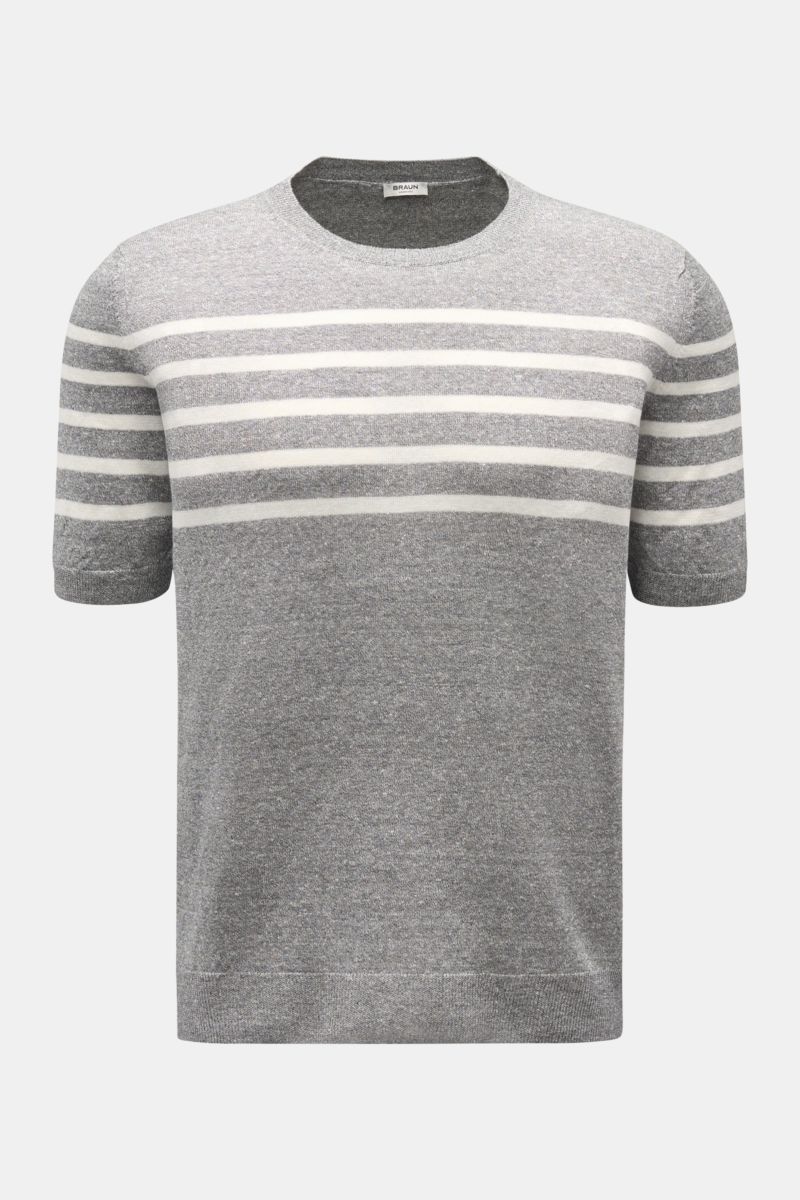 Gran Sasso Kurzarmpullover grau/offwhite gestreift, Frontansicht, Leinen-Baumwoll-Mix, weicher Griff, Rundhalsausschnitt, flexible Rippbündchen, Regular Fit.