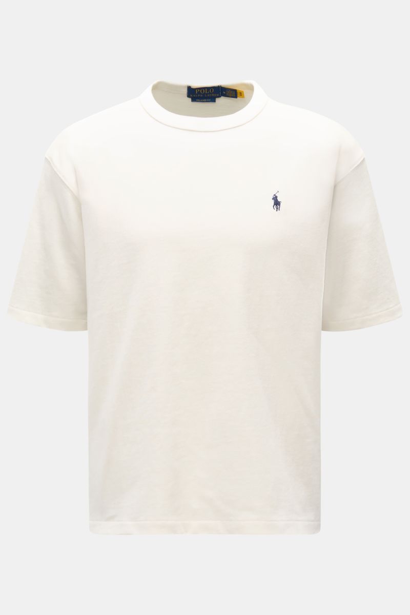 Polo Ralph Lauren Rundhals-T-Shirt weiß, Frontansicht, Baumwolle, Regular Fit, Rundhalsausschnitt, Logo-Stitching Brust und Rücken, schwere Qualität.