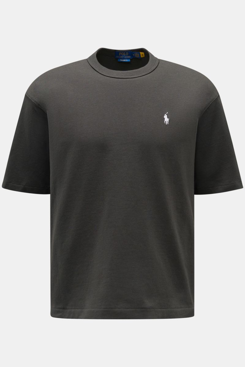 Polo Ralph Lauren Rundhals-T-Shirt dunkelgrau, frontale Nahaufnahme, reine Baumwolle, Regular Fit, Rundhalsausschnitt, Logo-Stitching auf Brust, Rückseiten-Label, schwere Qualität, zeitloser Klassiker für warme Tage.