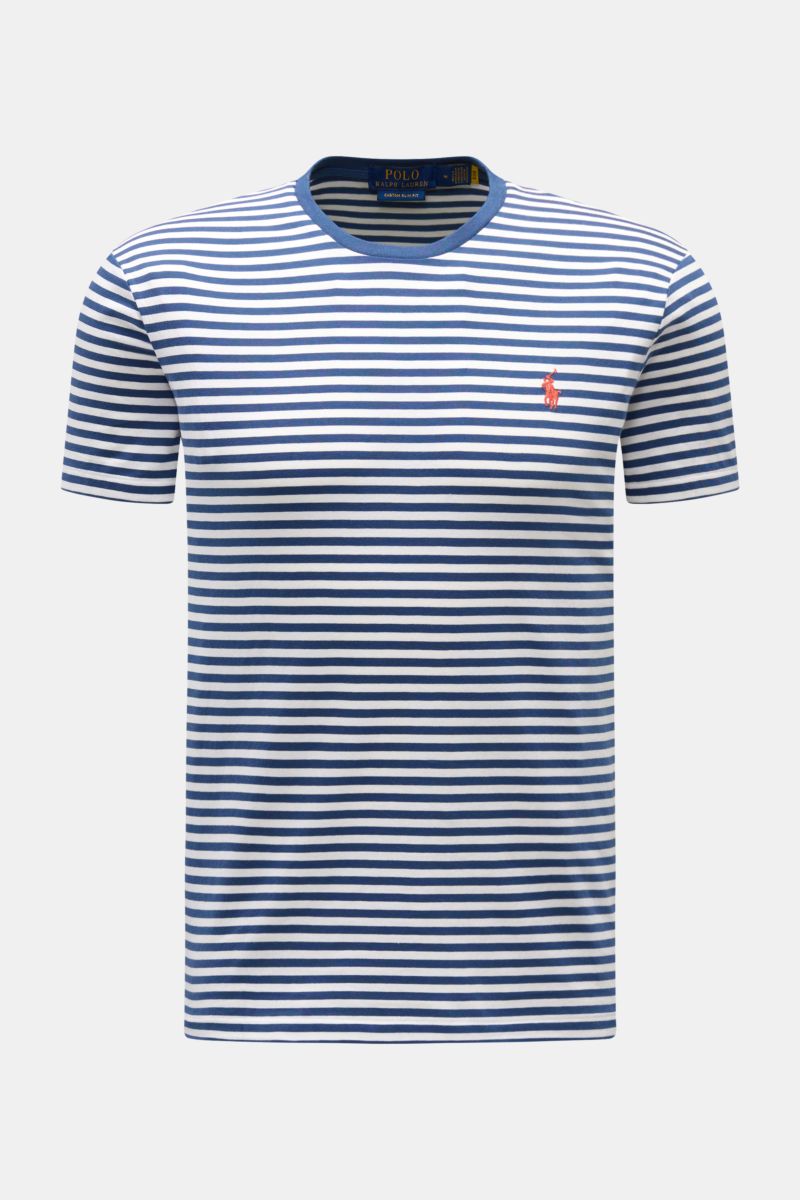 Polo Ralph Lauren Rundhals-T-Shirt dunkelblau/weiß gestreift, Slim Fit, Baumwoll-Jersey, weiches Material, frontale Ansicht mit Logo-Stitching auf der Brust.