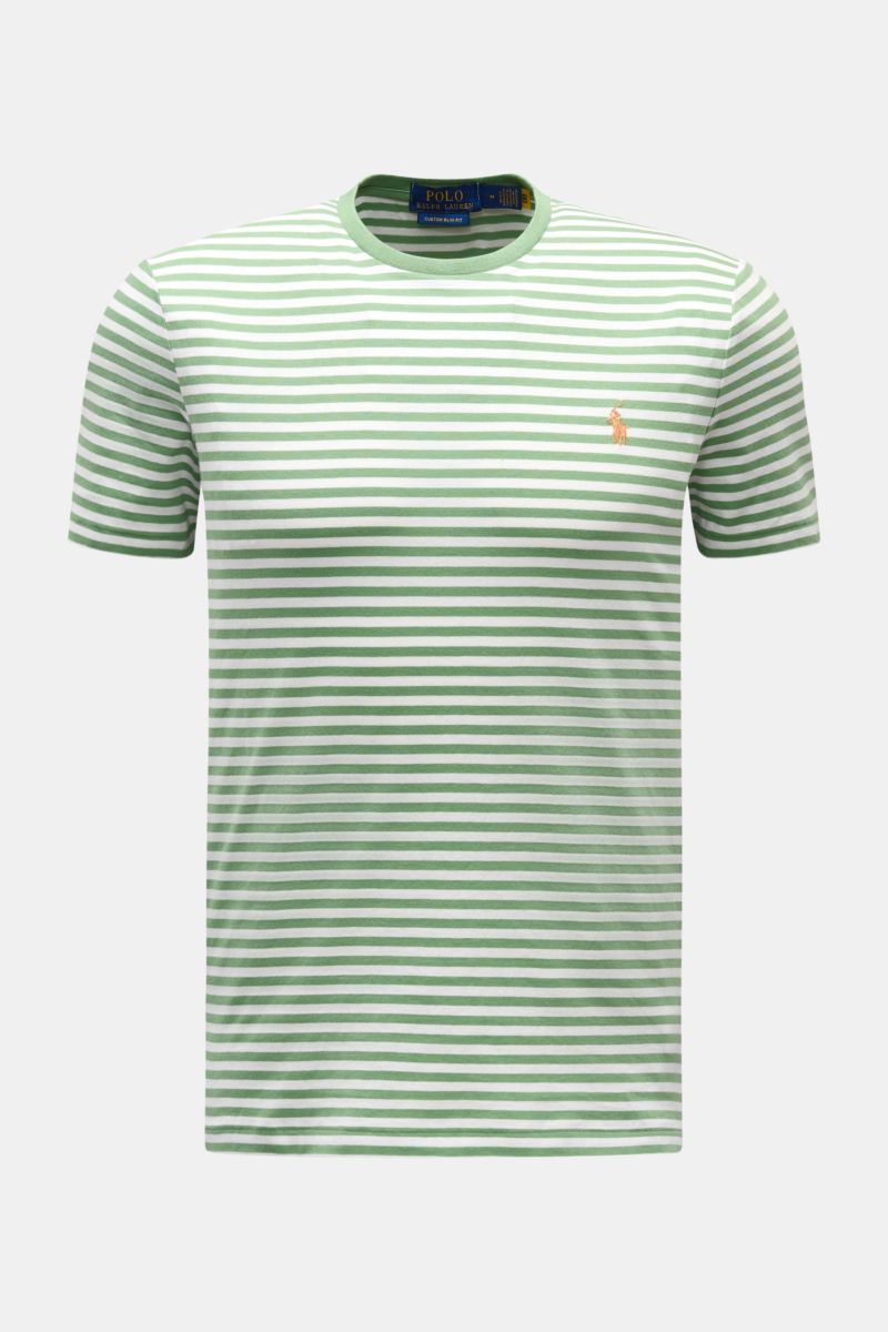Polo Ralph Lauren Rundhals-T-Shirt grünweiß gestreift, frontale Ansicht, Baumwoll-Jersey, Slim Fit, klassisches maritimes Streifenmuster, Logo-Stitching Brust.
