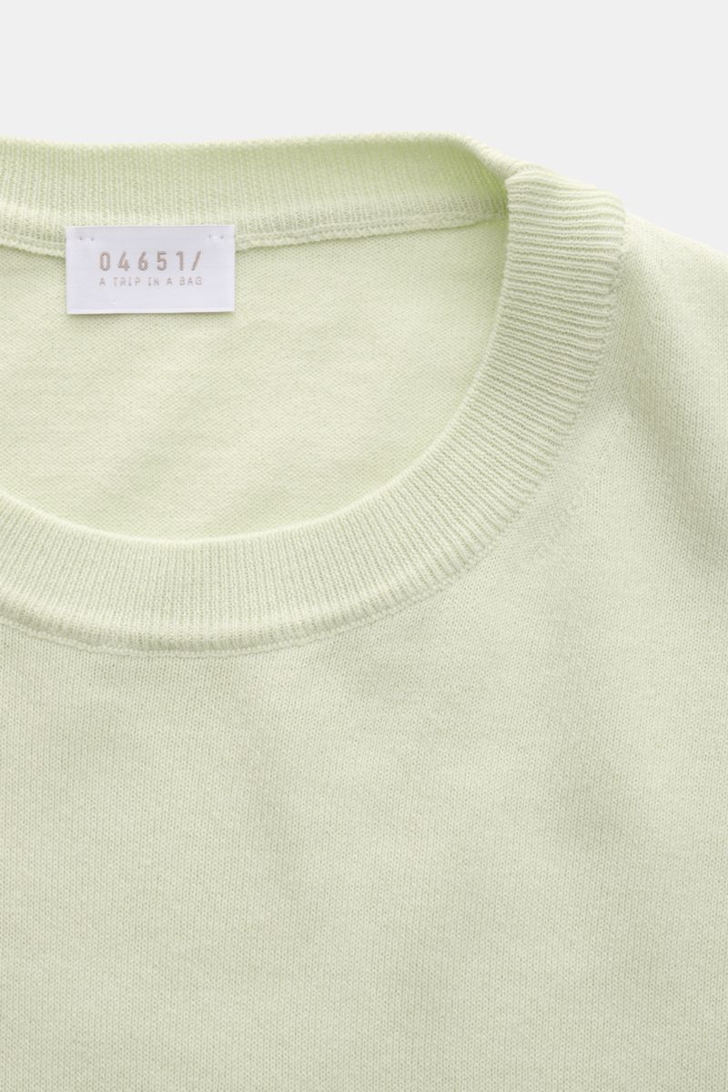 Close-up front view of the 04651/ A trip in a bag Kurzarmpullover 'Pima Cotton' pastellgrün, showcasing its fine knit round neckline and soft pastel green color. 

Aus feiner Pima-Baumwolle gefertigt, lässt Sie der Kurzarmpullover 'Pima Cotton' von 046