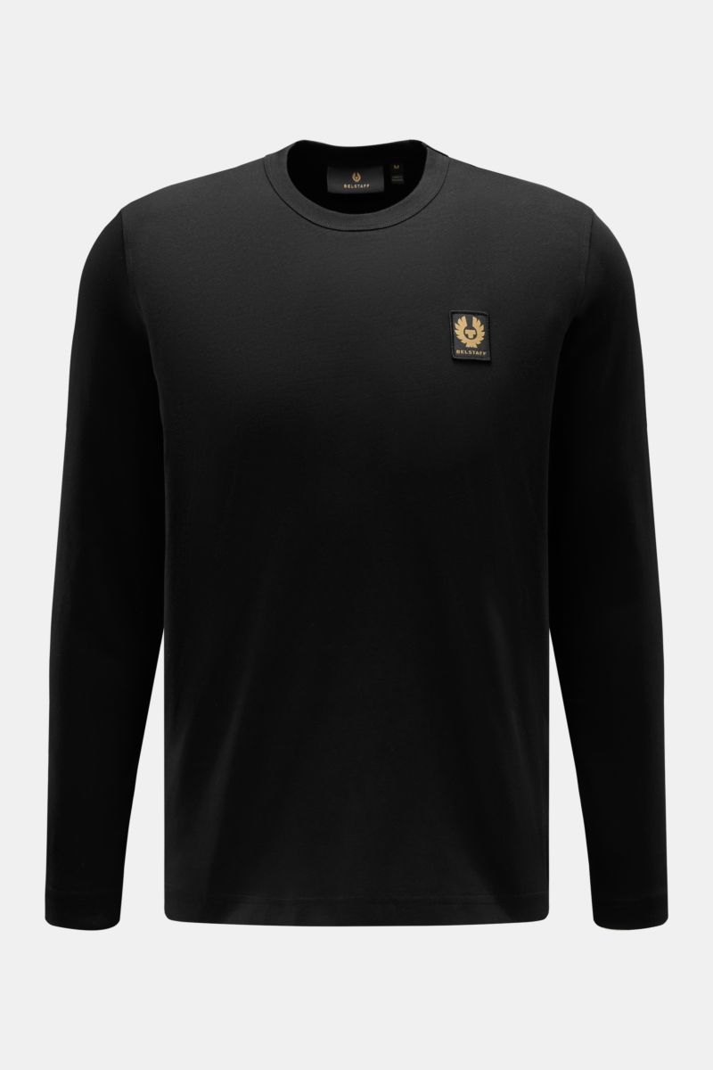 Belstaff Rundhals-Longsleeve schwarz aus leichtem Baumwolljersey, Slim Fit, Rundhalsausschnitt, mit BELSTAFF-Weblabel auf der Brust, frontal fotografiert.