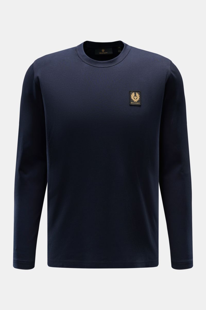 Belstaff Rundhals-Longsleeve navy aus leichtem Baumwolljersey, Slim Fit mit Rundhalsausschnitt, Frontansicht, BELSTAFF-Weblabel auf der Brust.