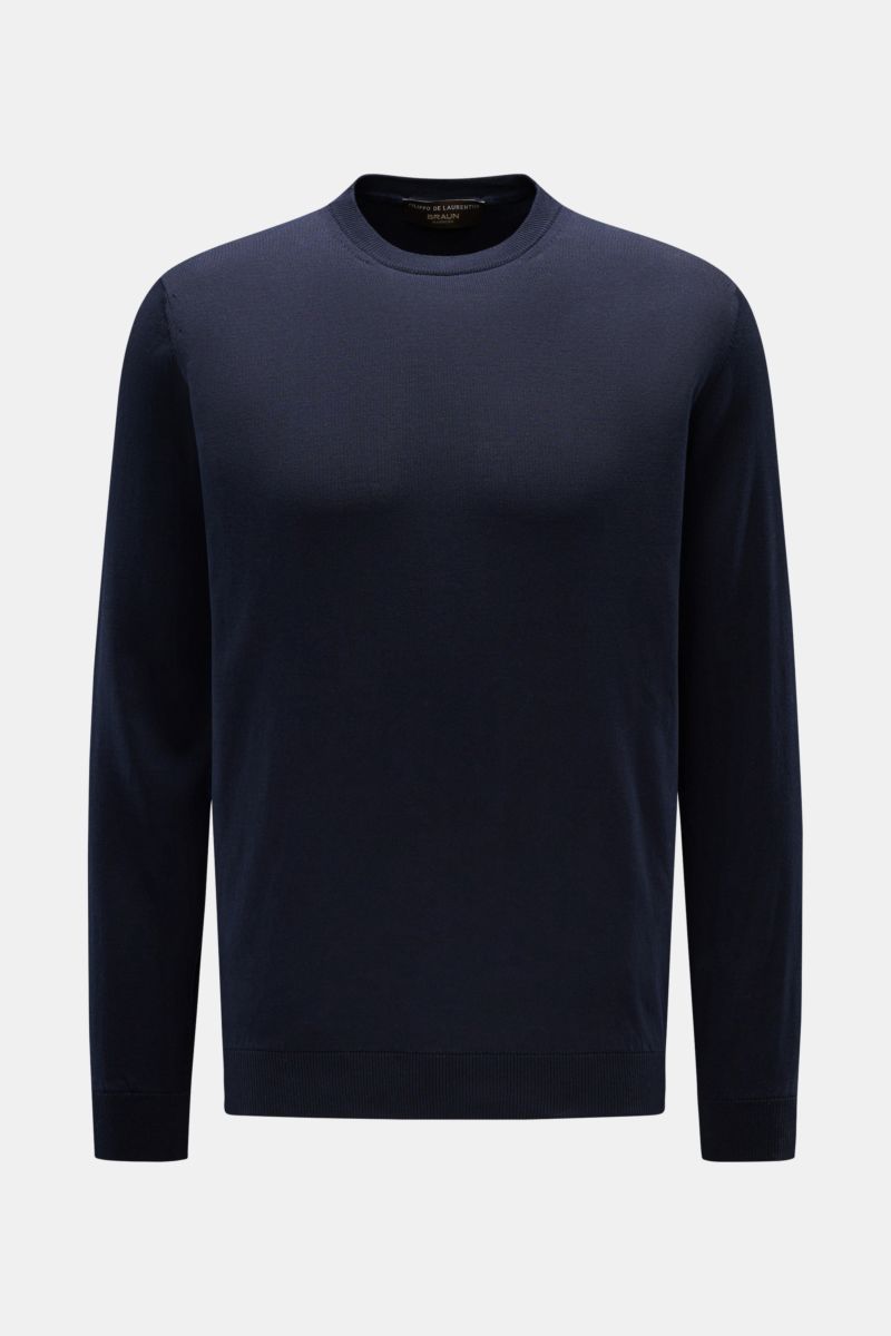 Filippo de Laurentiis Rundhalspullover navy, frontale Ansicht, sommerliche Knitwear aus reiner Baumwolle, Slim Fit, weicher Griff, feines Strickbild, Rundhalsausschnitt, komfortable Bündchen.