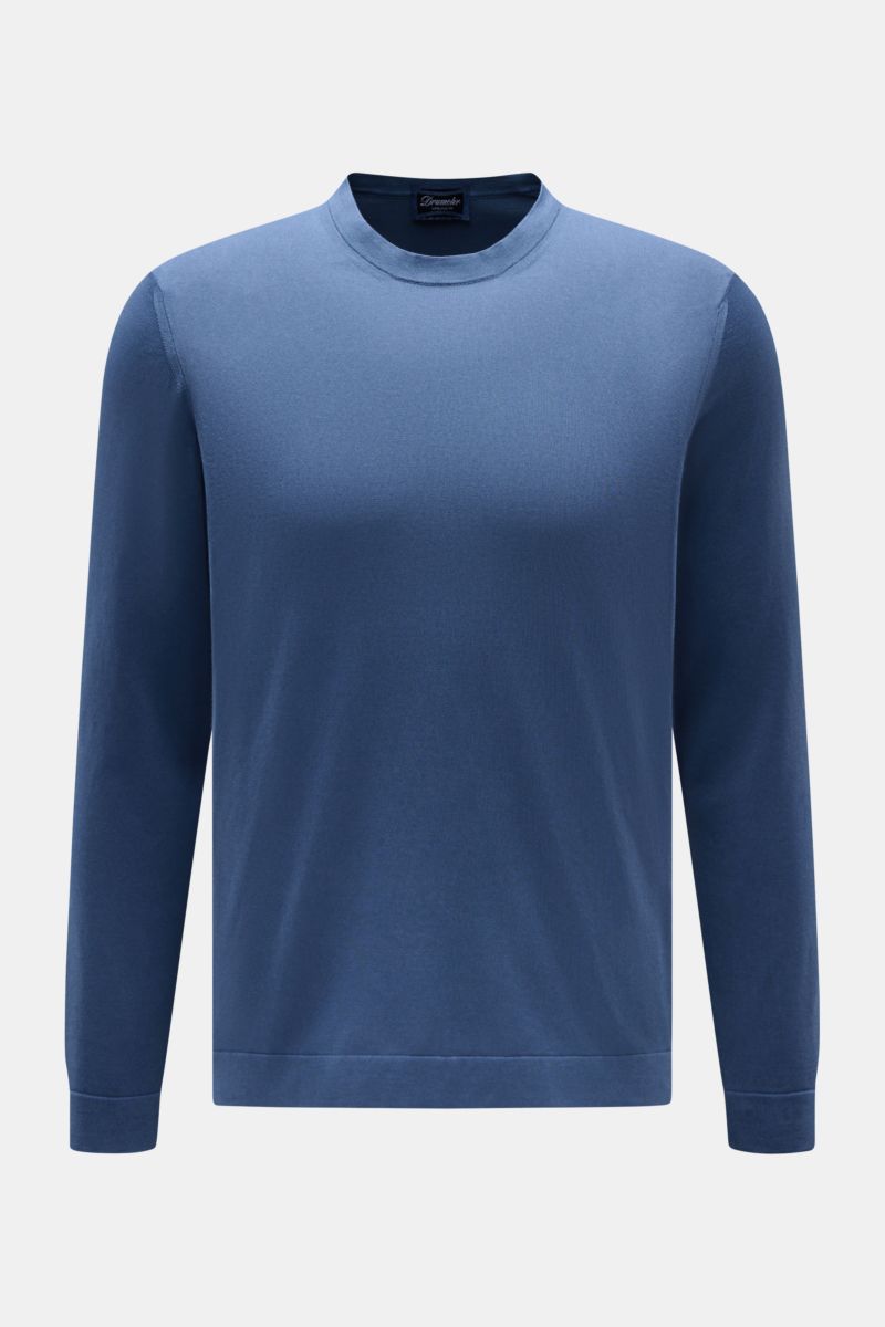 Drumohr Feinstrickpullover dunkelblau, Slim Fit mit Rundhalsausschnitt, feiner Baumwollstrick, weicher Griff, flache Bündchen, frontal fotografiert.