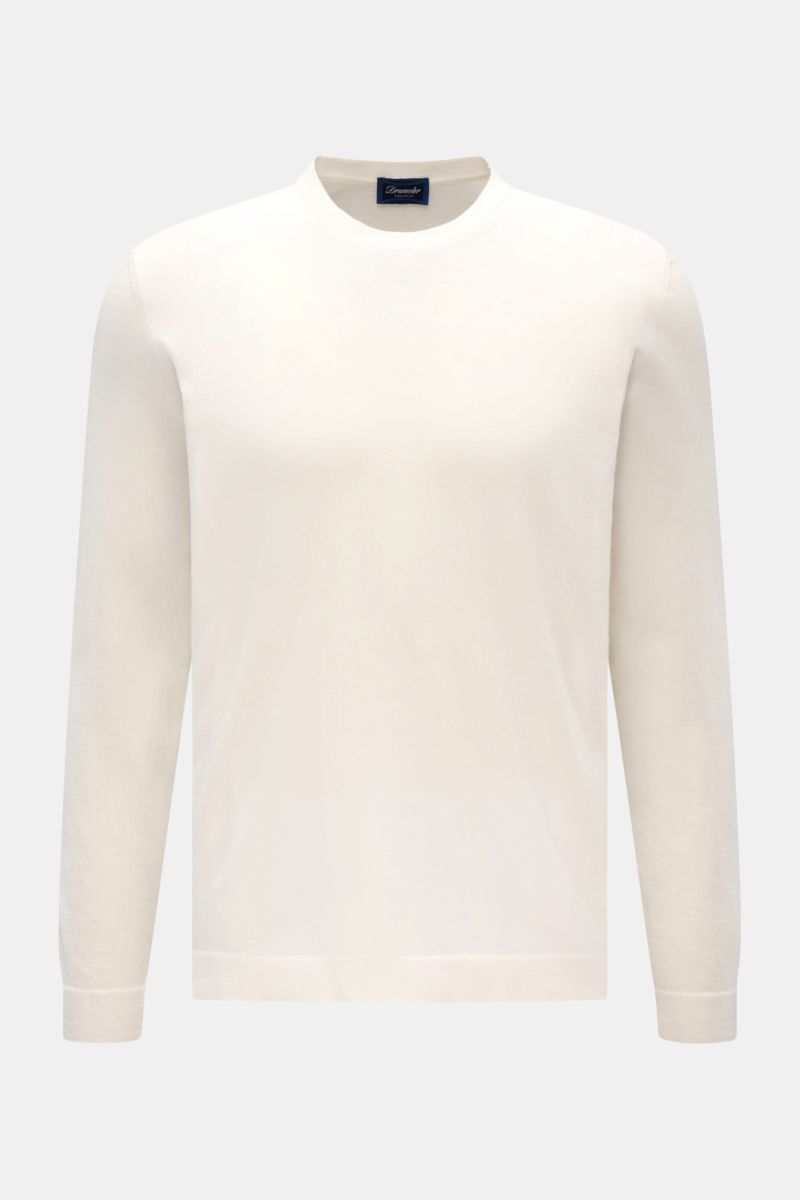 Drumohr Feinstrickpullover weiß, Slim Fit, Rundhalsausschnitt, feiner Baumwollstrick, weicher Griff, flache Bündchen, leichte Qualität, frontal fotografiert.