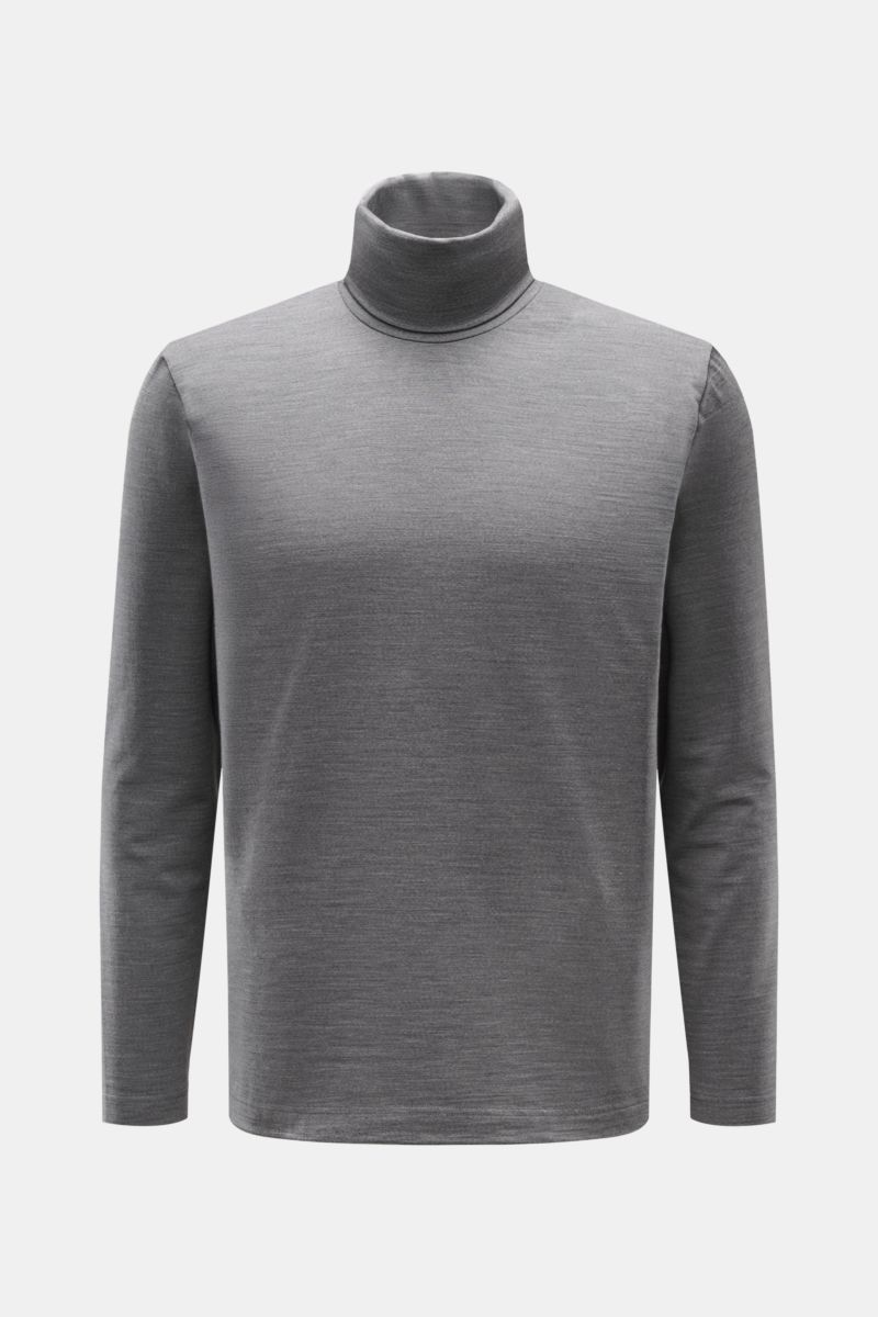 04651/ A trip in a bag Merino Rollkragenpullover grau meliert, Slim Fit, weicher Griff, feines Strickbild, elastisch, Frontansicht, reine Merinowolle.