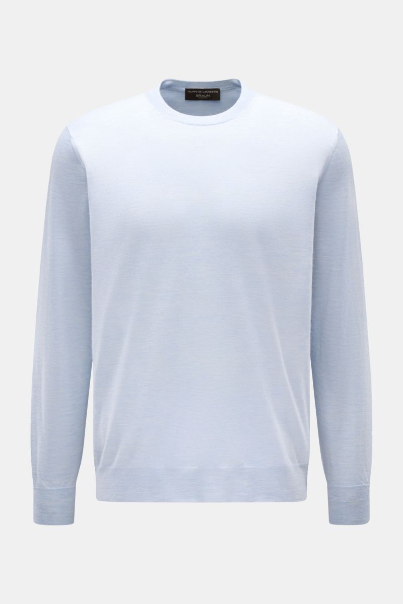 Front view of Filippo de Laurentiis Crew neck jumper pastel blue mottled, showcasing summery knitwear in a fine silk-cashmere blend with a slim fit, crew neck, fine knit, very soft feel, and comfortable ribbed bands.