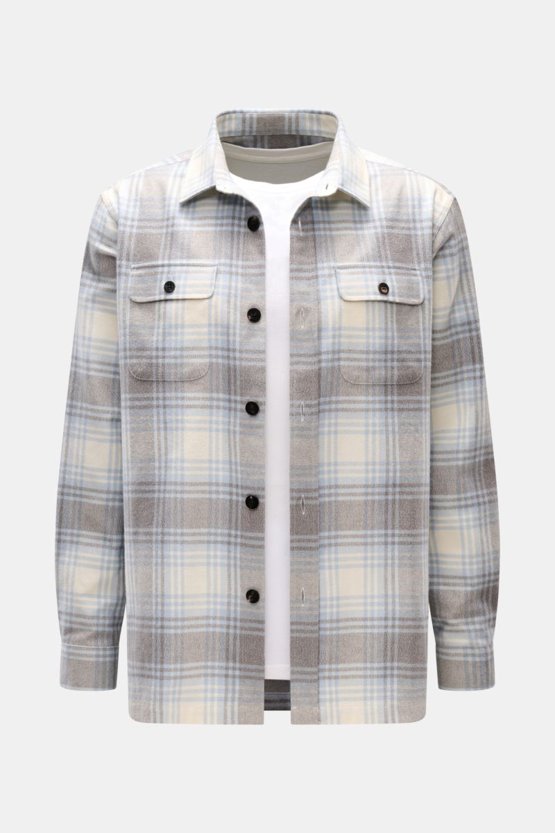 Front view of the 04651/ A trip in a bag Overshirt 'Check Overshirt' off-white/light blue/grey checked, pure cotton, soft feel, regular fit, six-button placket, turn-down collar, patch breast pockets, cuffs with button, unlined, modern checked pattern, id