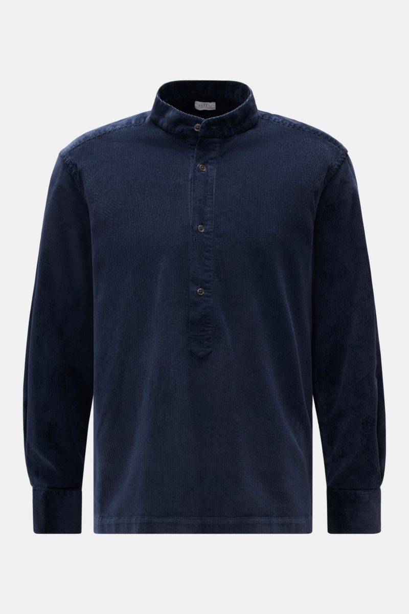 04651/ A trip in a bag Popover-Cordhemd Grandad-Kragen navy, frontale Ansicht, Regular Fit, Baumwolle-Modal Mix, weicher Griff, gerader Saum.