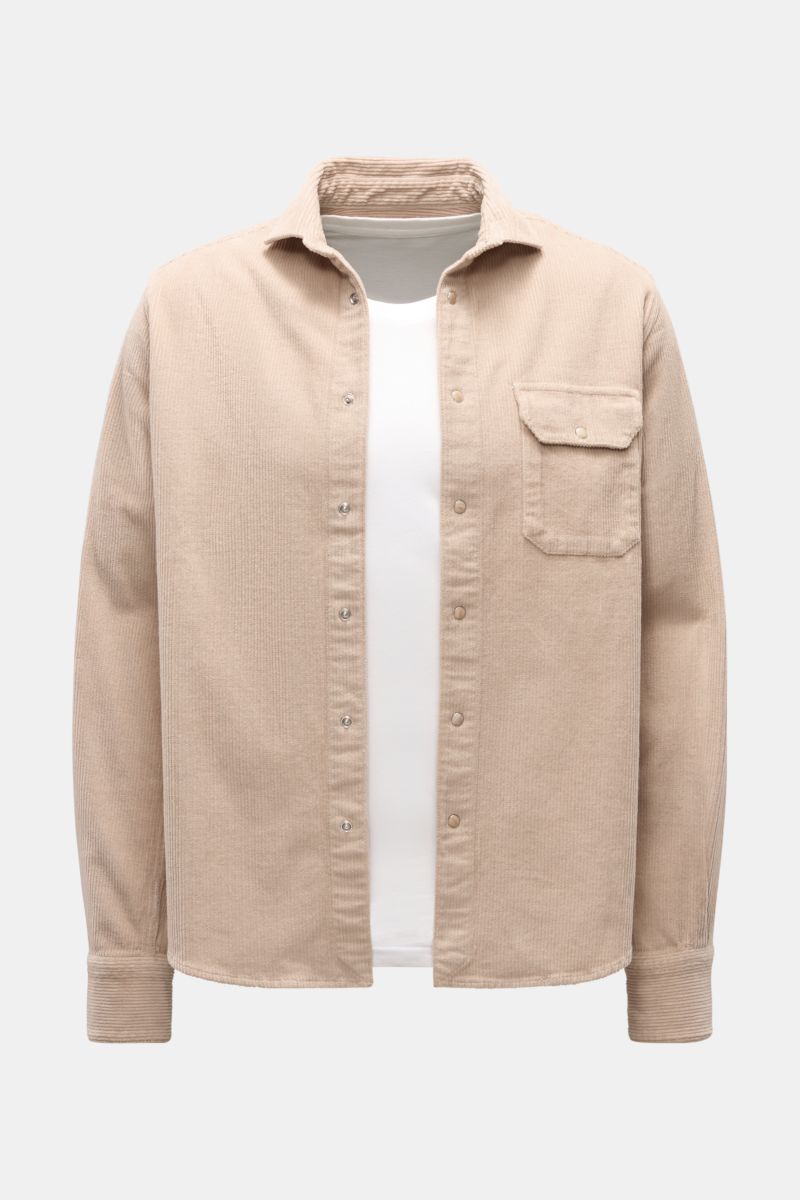 Front view of Ace Denim Corduroy overshirt beige made of pure cotton with turn-down collar, snap buttons, chest flap pocket, cuffs, and rounded hem.