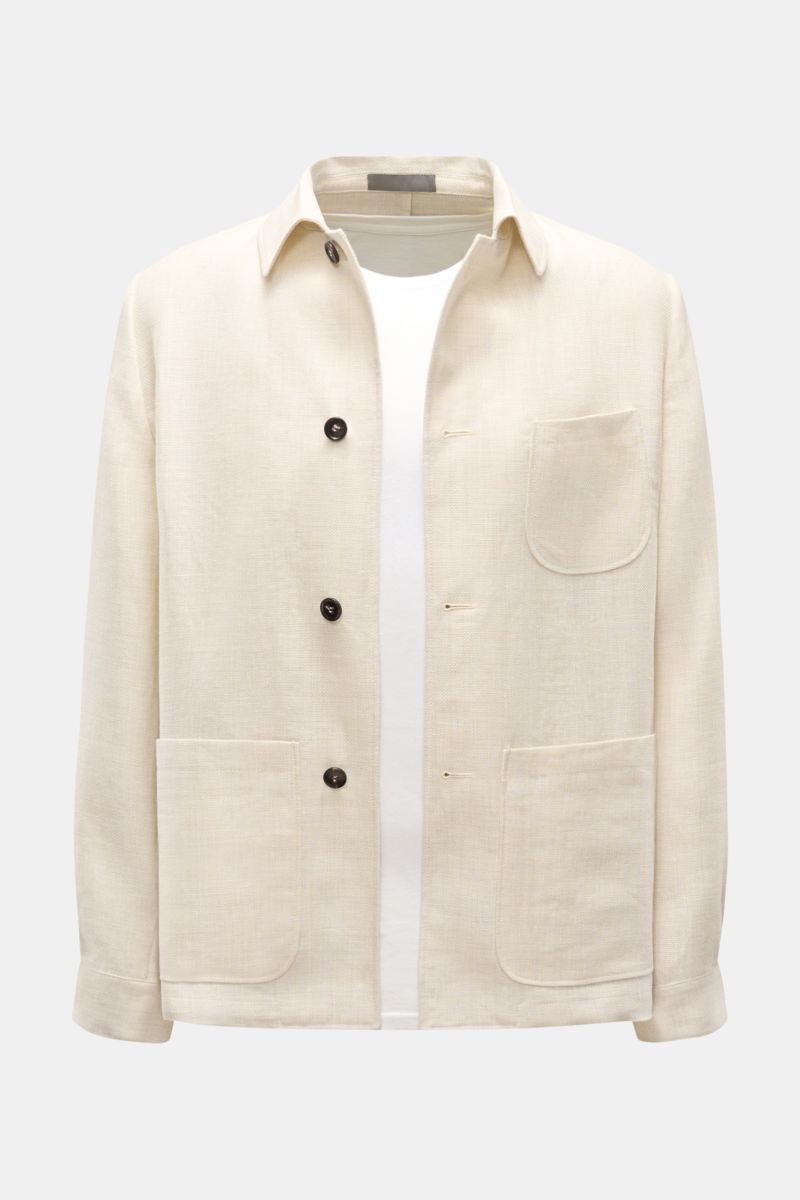 Corneliani Overshirt sand meliert in Slim Fit, Frontansicht, Panama aus Leinen und Wolle, Umlegekragen, vier Knöpfe, drei Taschen.